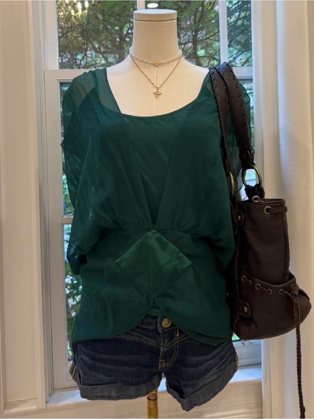 Women's Dark Green Sheer Tie-Front Blouse